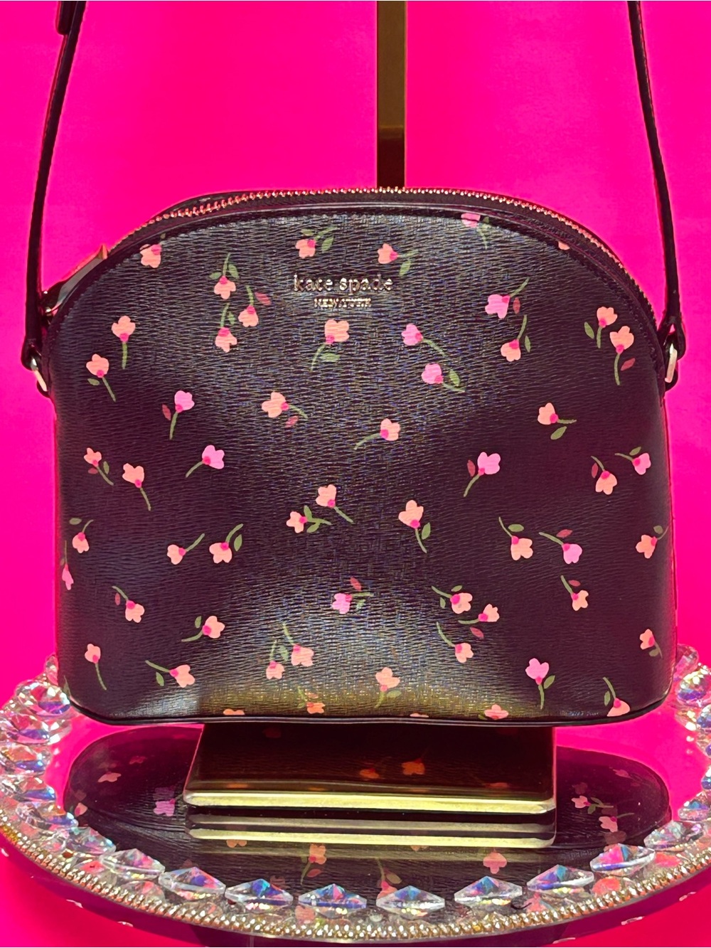 kate spade Black Crossbody Bag with Pink Floral Print Approx.. 9 x 6.5 x 3